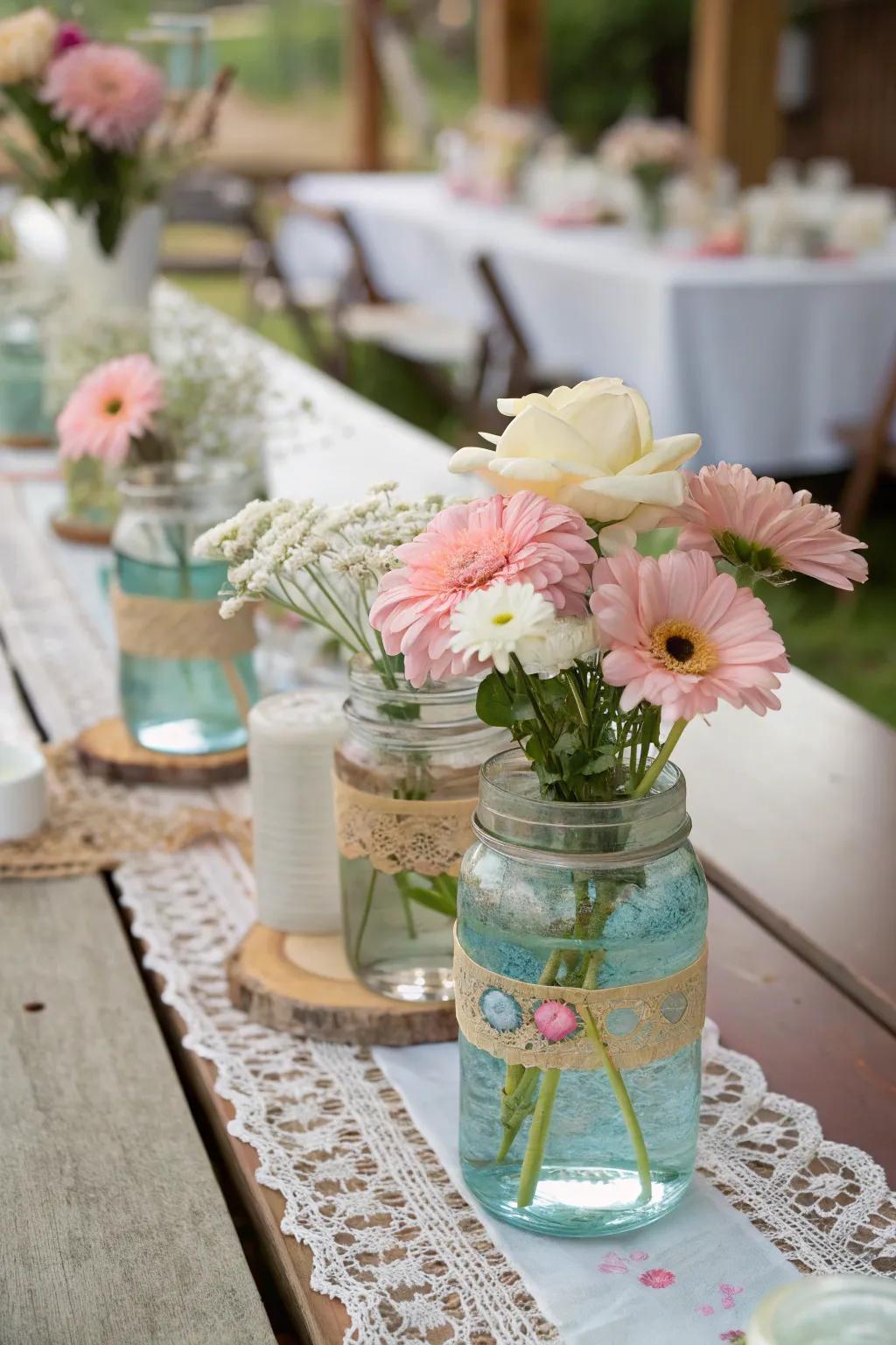 Use floating flowers in glass preserving jars to make a fresh, whimsical look.
