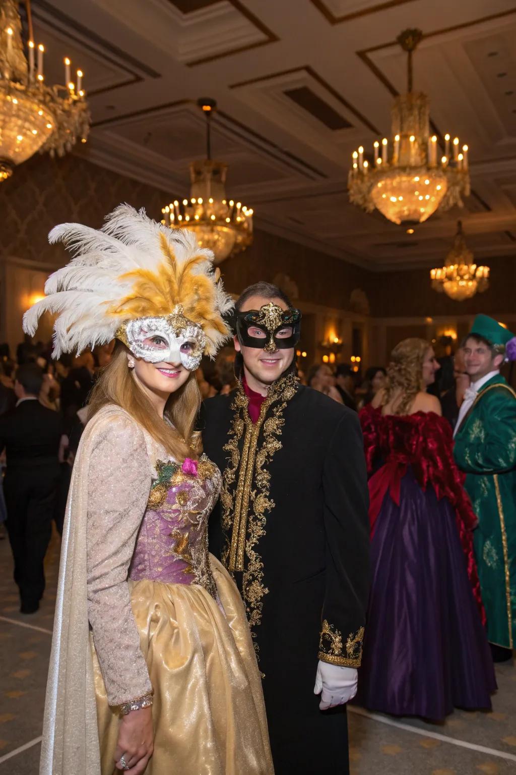 Attendees wearing detailed costumes which enhance any masquerade aesthetic.