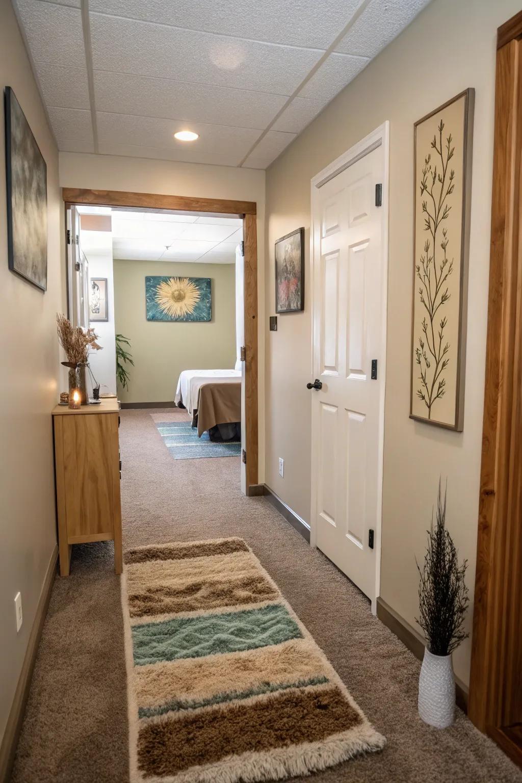 A welcoming entryway through soft decor greets people in this massage room.