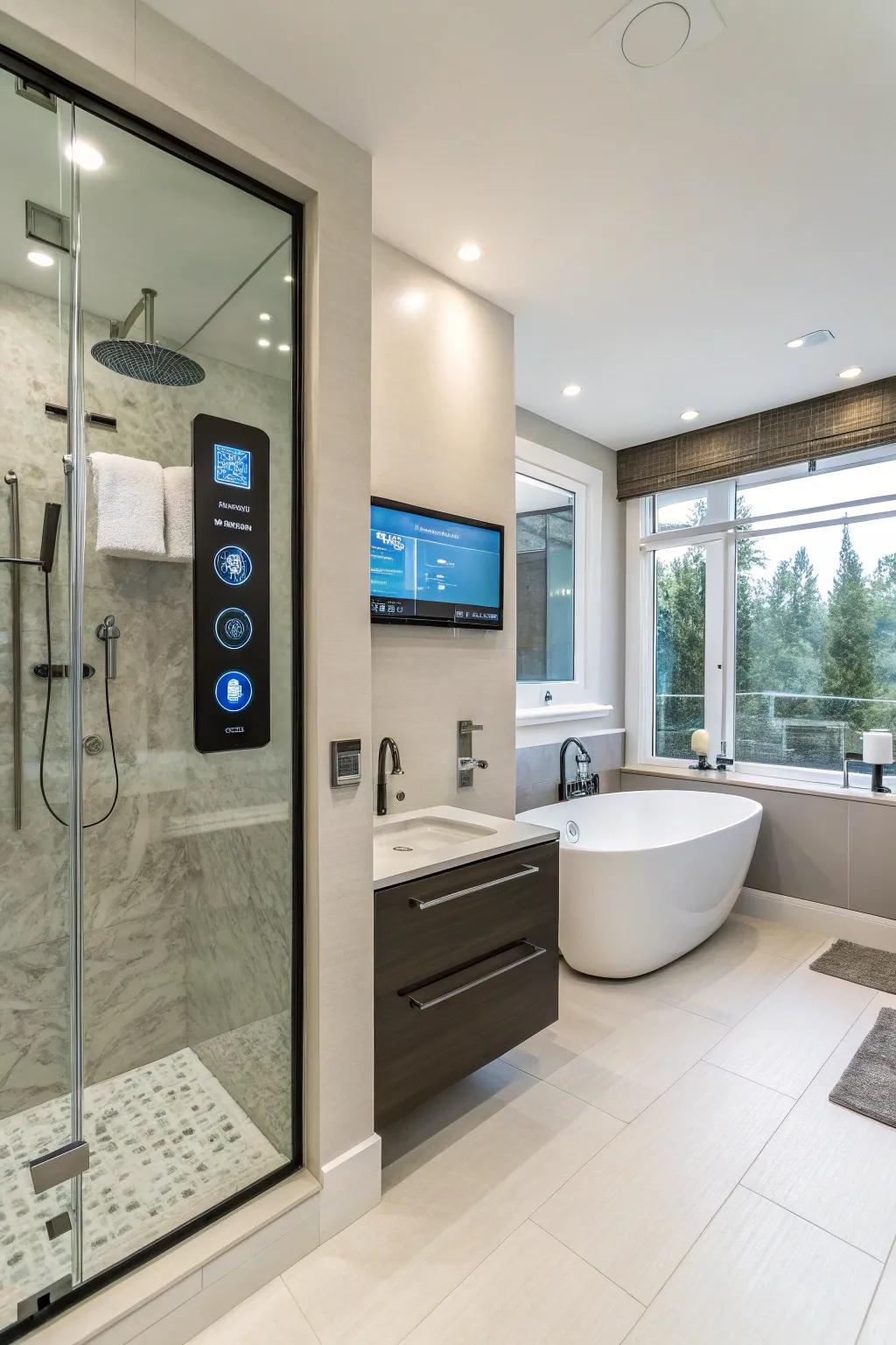 Smart technology introduces a modern and handy component to this master bathroom.