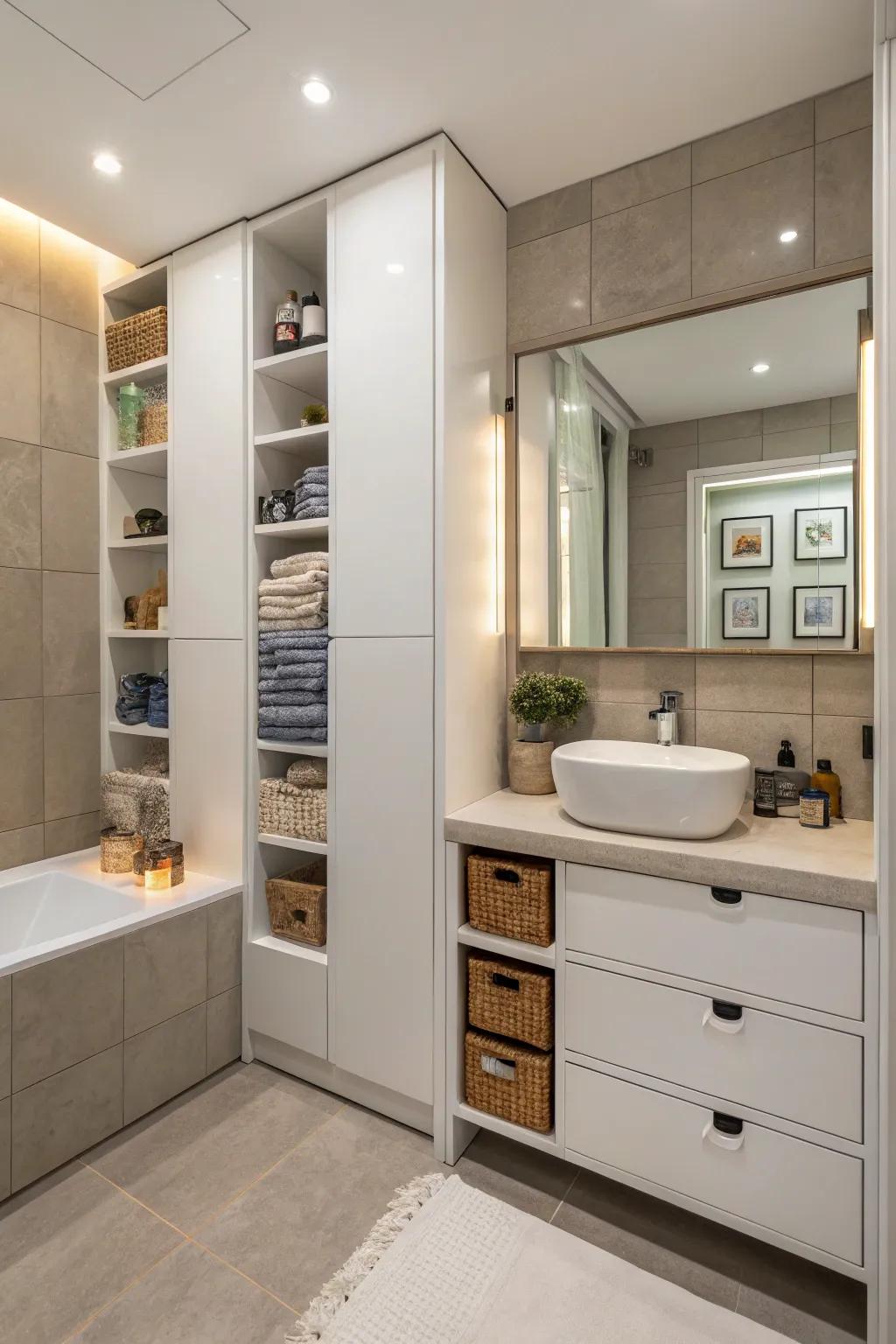 Bathroom featuring imaginative storage ideas to maintain a clutter-free space.