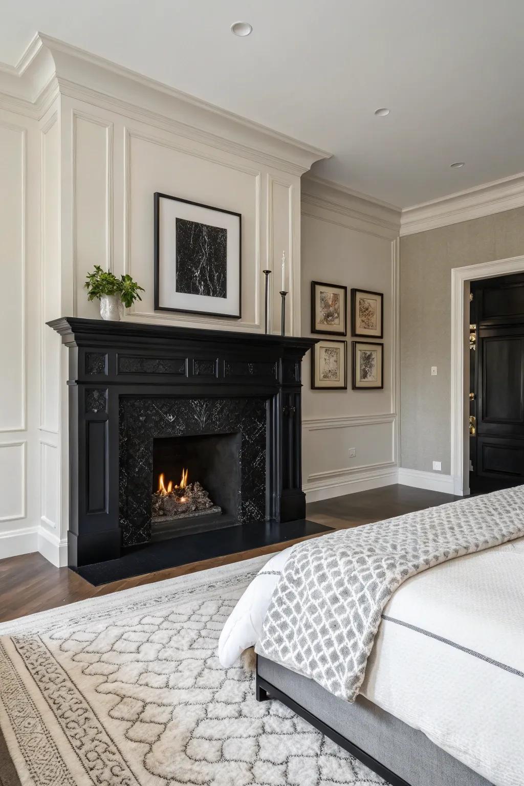 A black hearth adds bold drama to any bedroom.