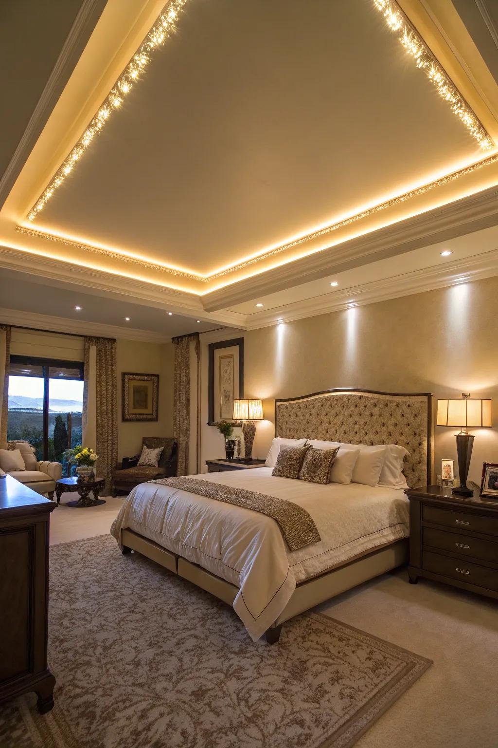 Cord illumination elegantly highlights your stepped ceiling’s form.