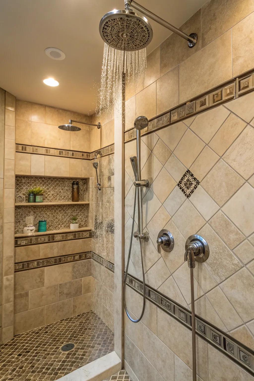 Multiple showerheads provide a luxurious and flexible showering experience.