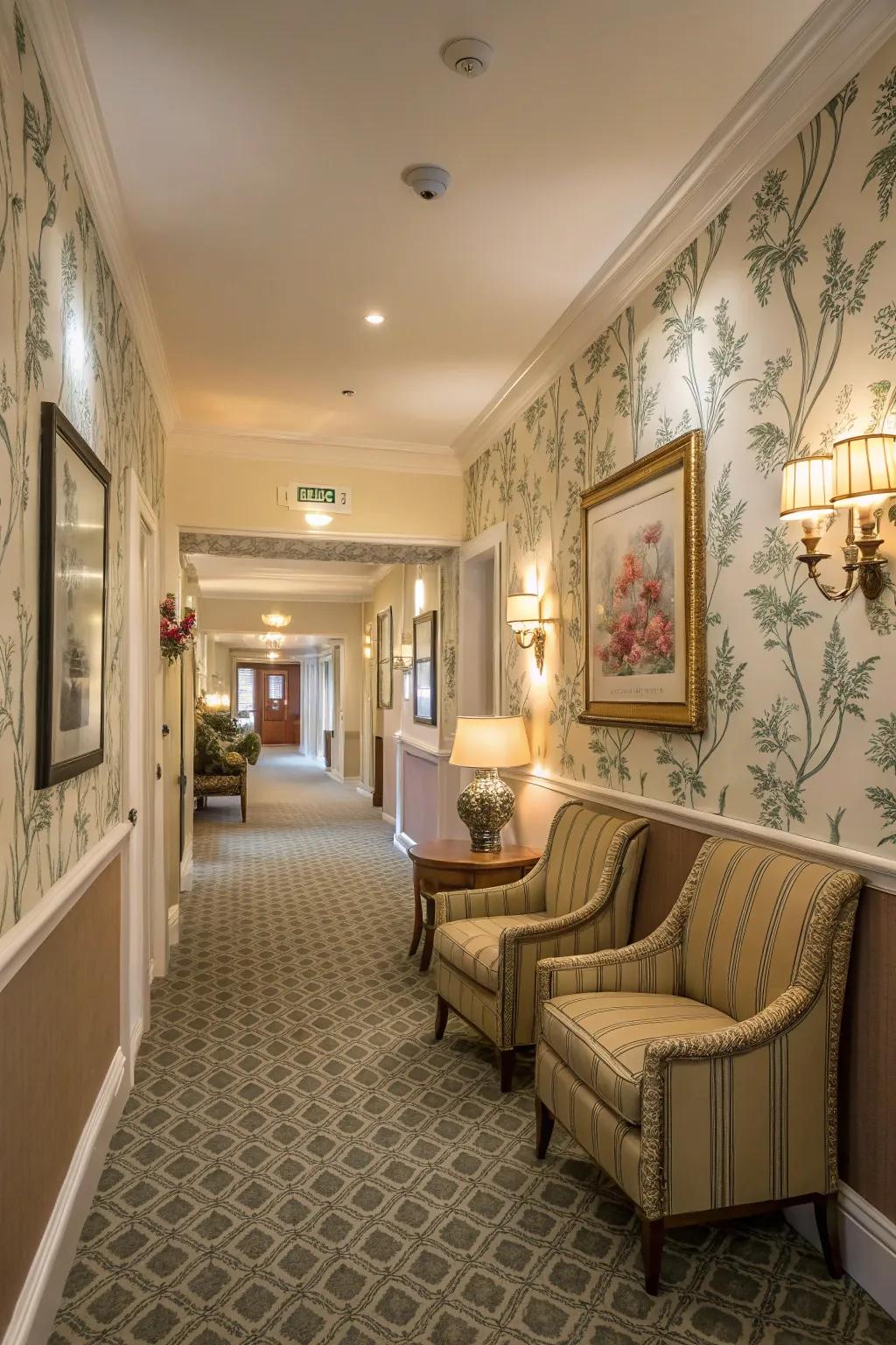 Matching wallpaper designs create a seamless flow between rooms.
