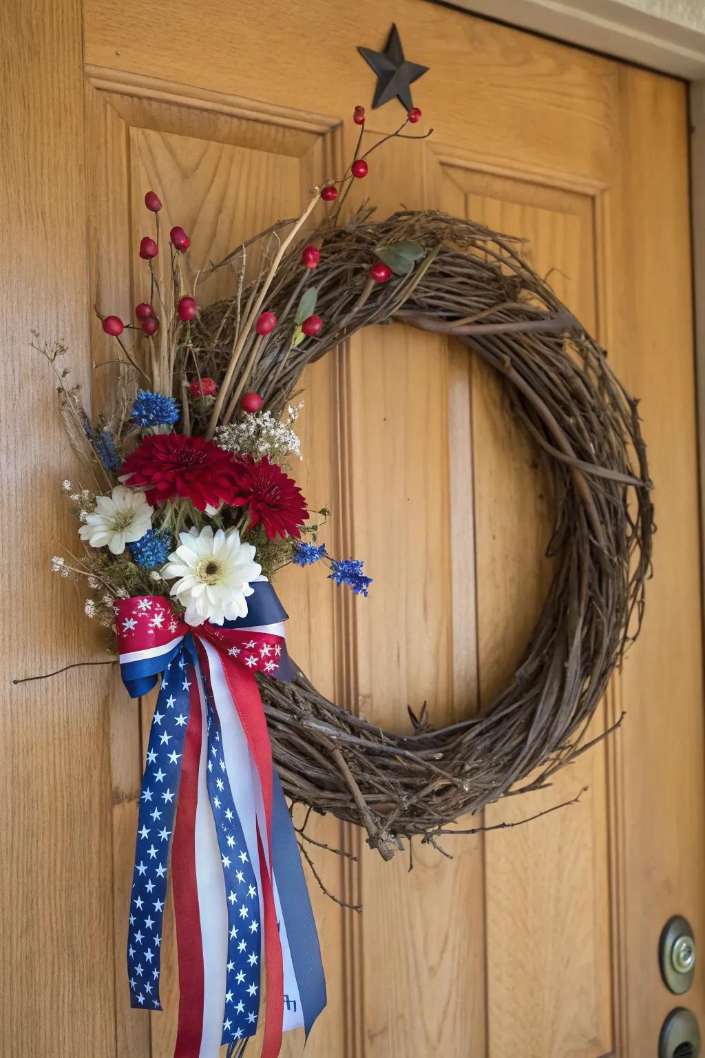 An organic wreath with natural components and patriotic hues.
