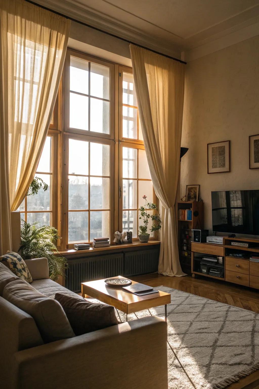 Big windows bring in natural light and open up the room.