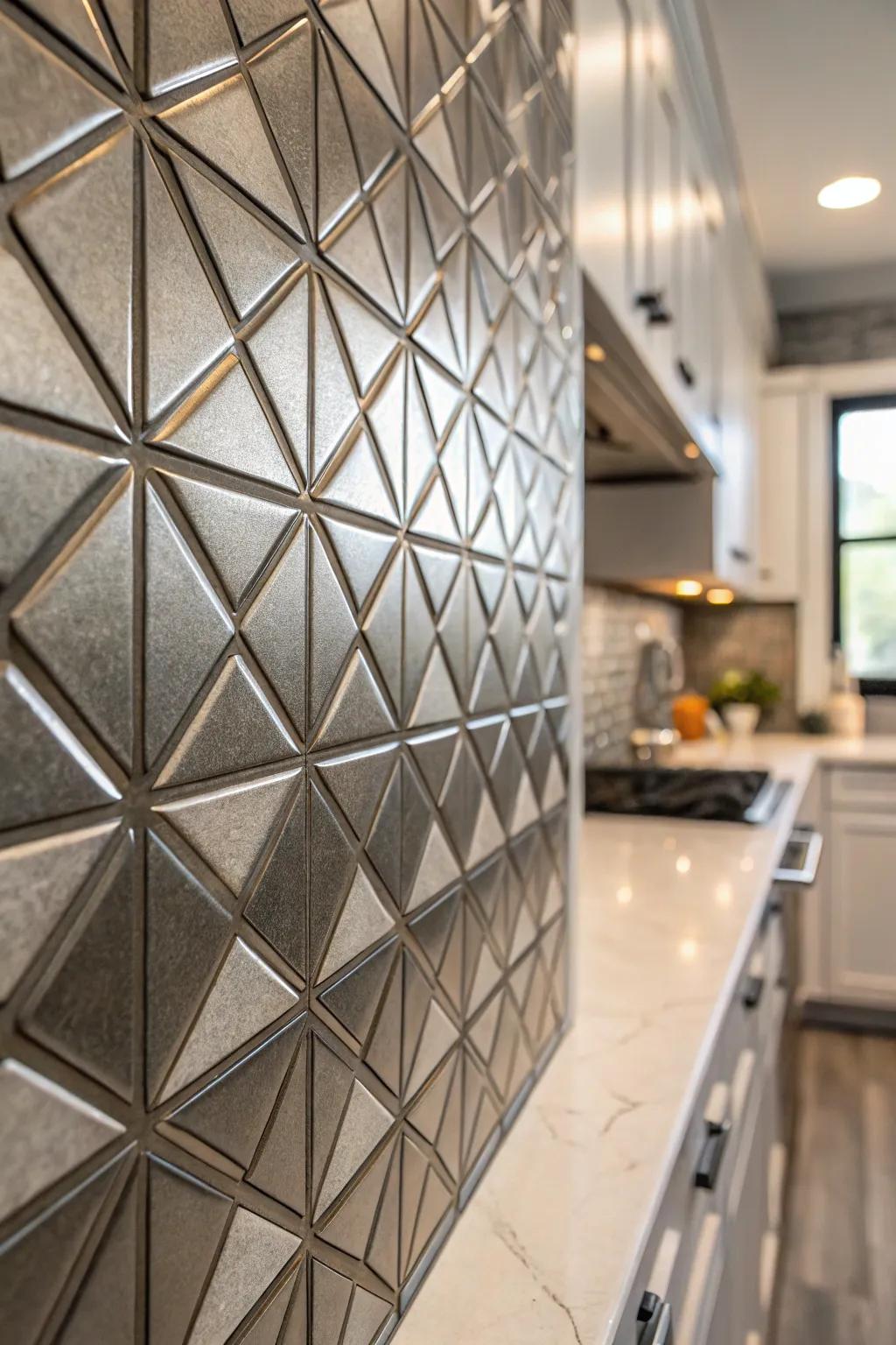 A kitchen wall featuring a unique geometric metal tile backsplash.