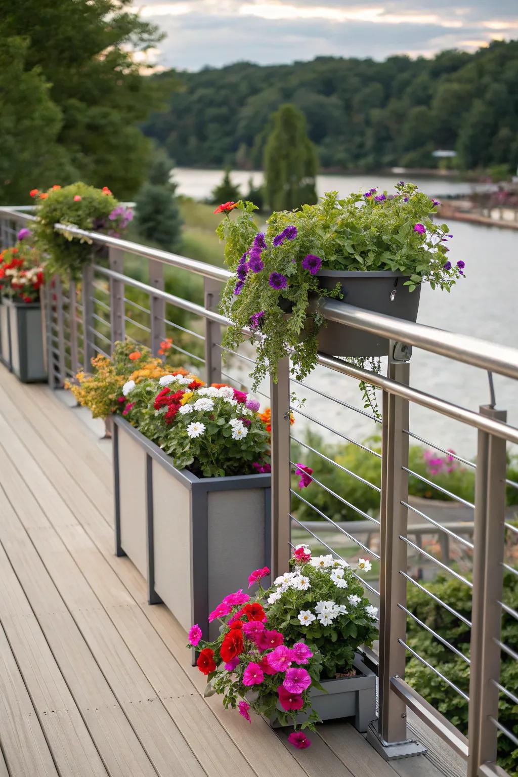 Built-in planters add life and color to metal railings.