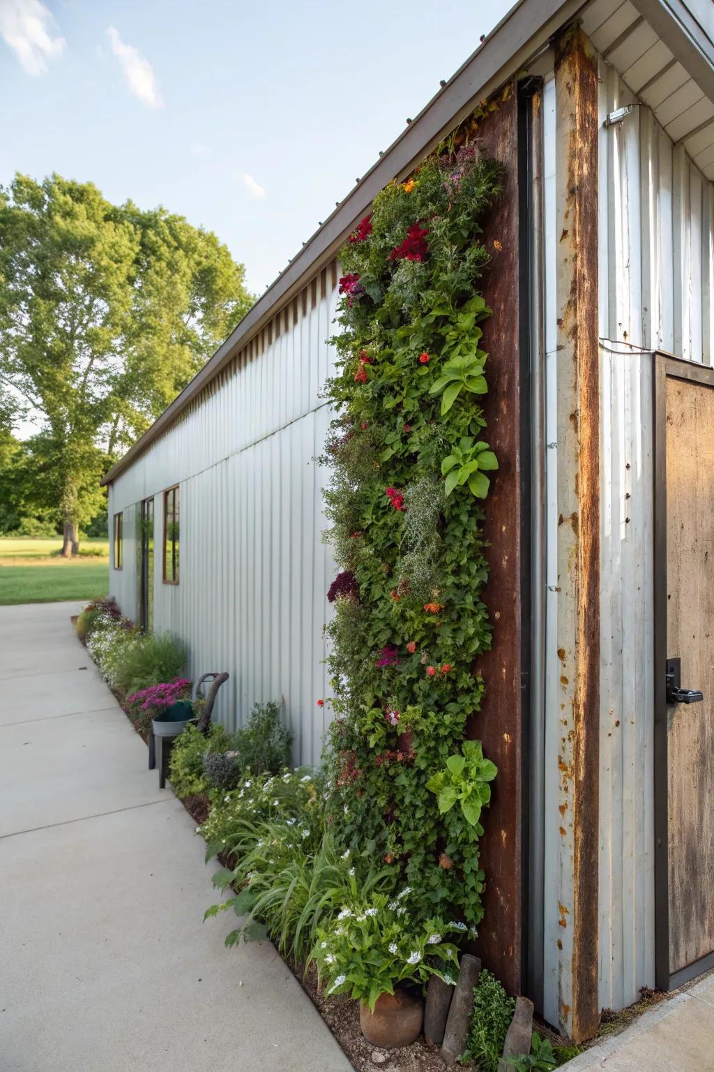 Vertical gardens enhance shed exteriors with greenery.