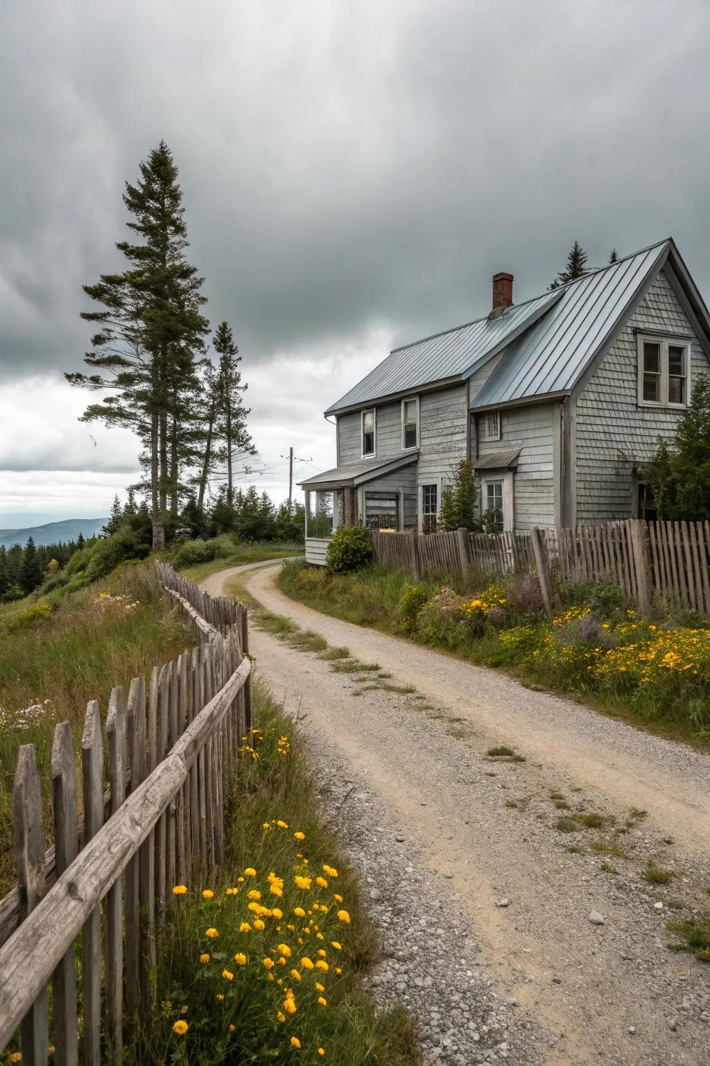 A countryside setting home showcasing weathered metal wall cladding for a timeless charm.