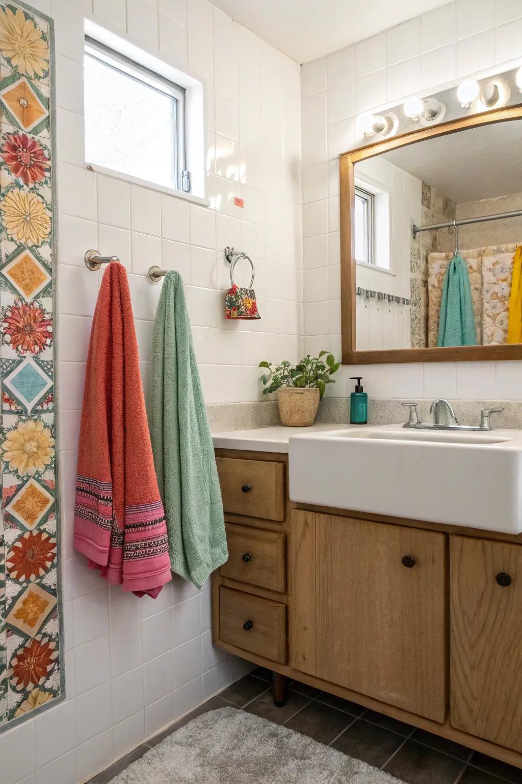 Colorful towels add a whimsical touch to the bathroom decor.