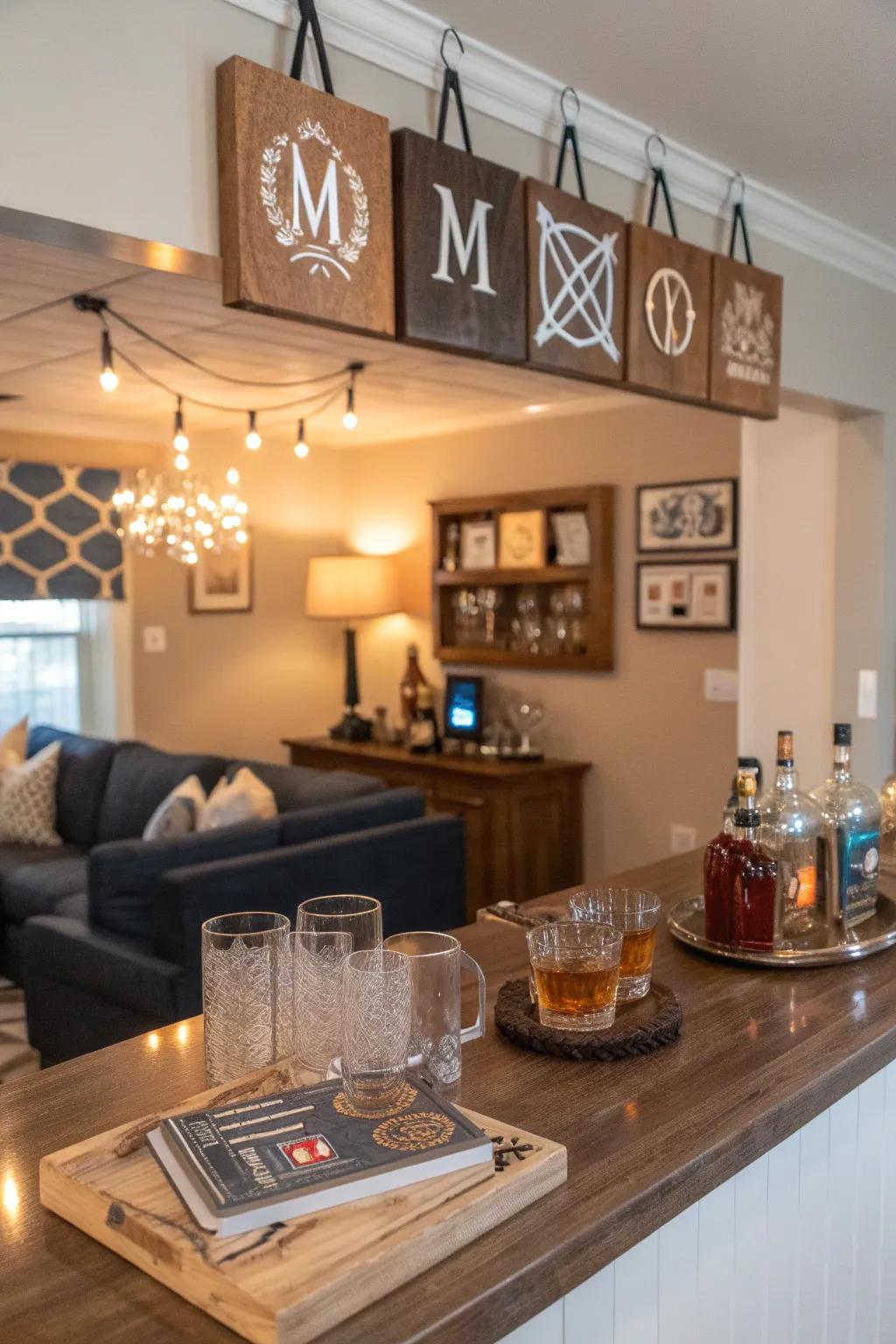 Bespoke nuances individualize and enhance the allure of a domestic bar.