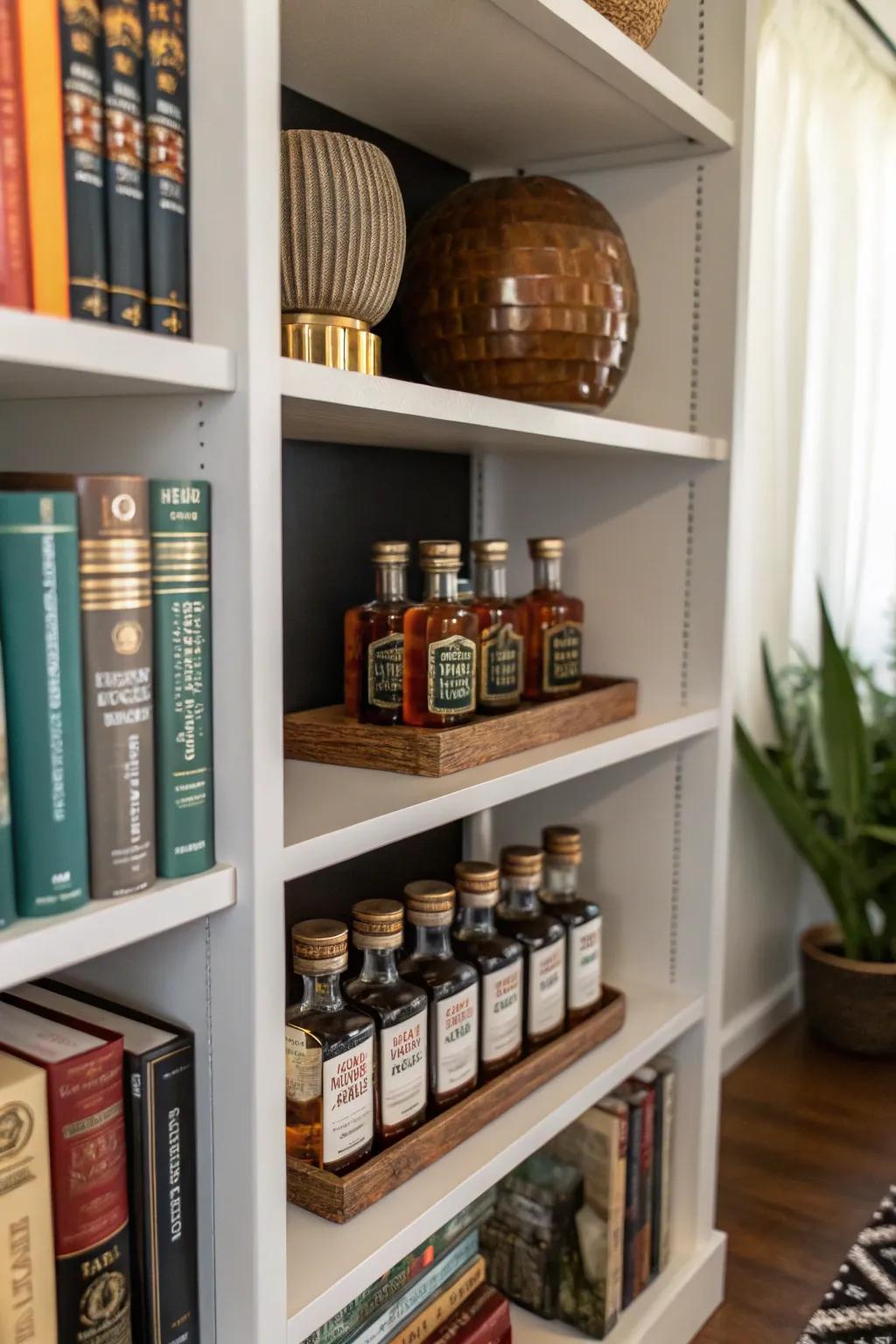 A bookshelf creatively integrating miniature liquor bottles into its blueprint.