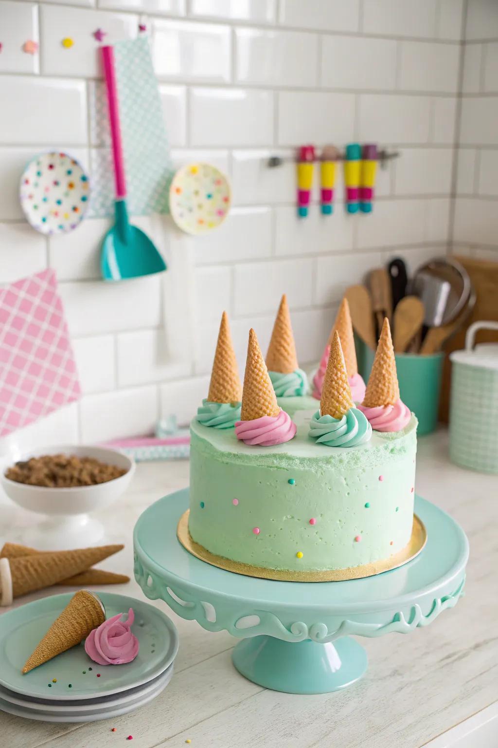 A mint green cake punctuated by a playful ice cream surprise.