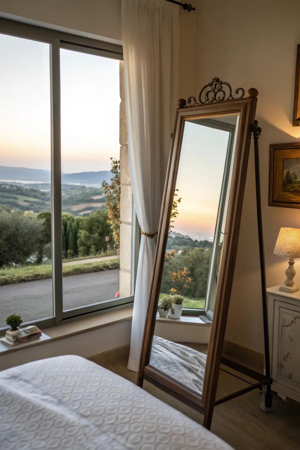 Reflectors capturing views bring outdoor allure inside and enhance illumination.