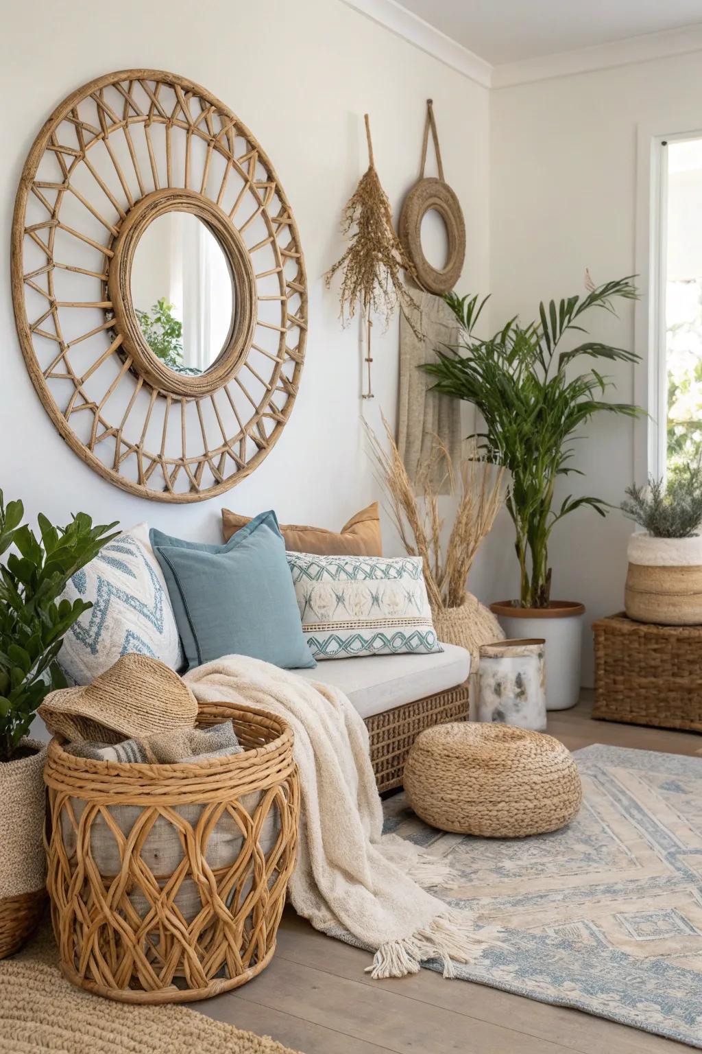 Woven mirrors introduce natural warmth and texture.