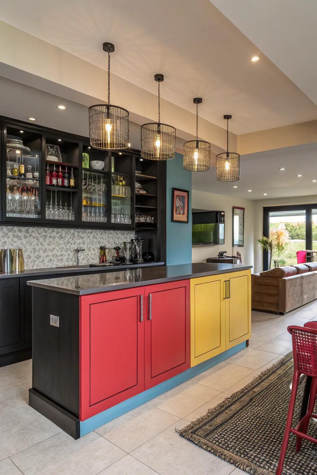 Striking colors make this contemporary bar a standout feature.