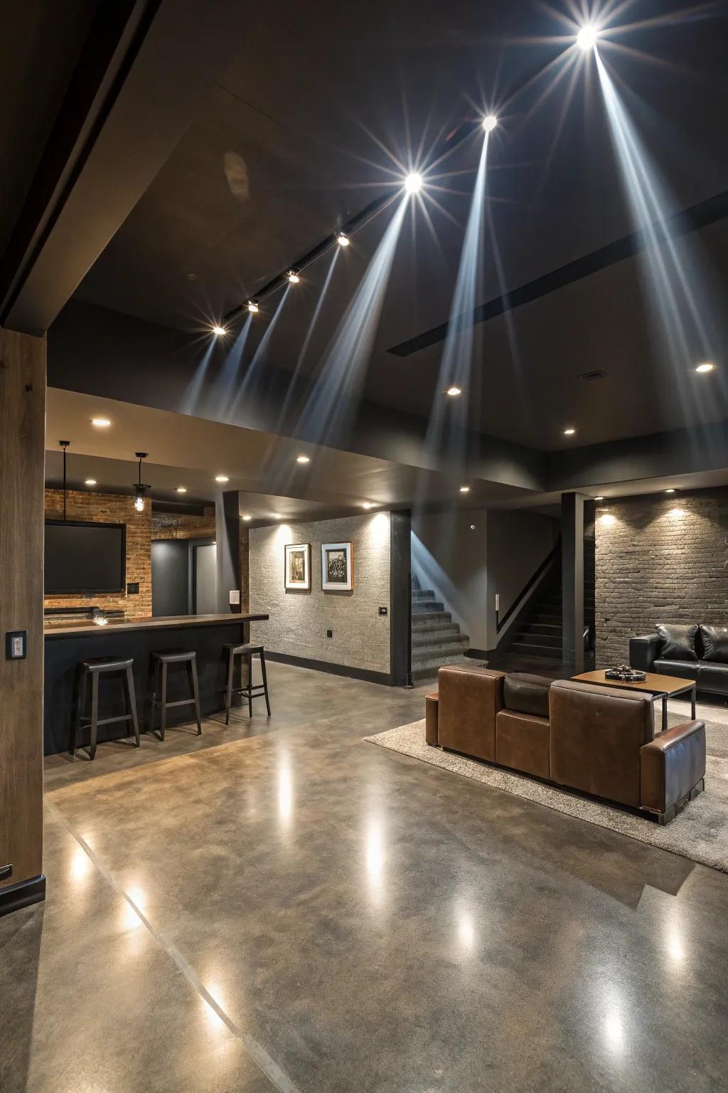 Adaptable spotlights craft dynamic lighting effects, suited for a versatile space.