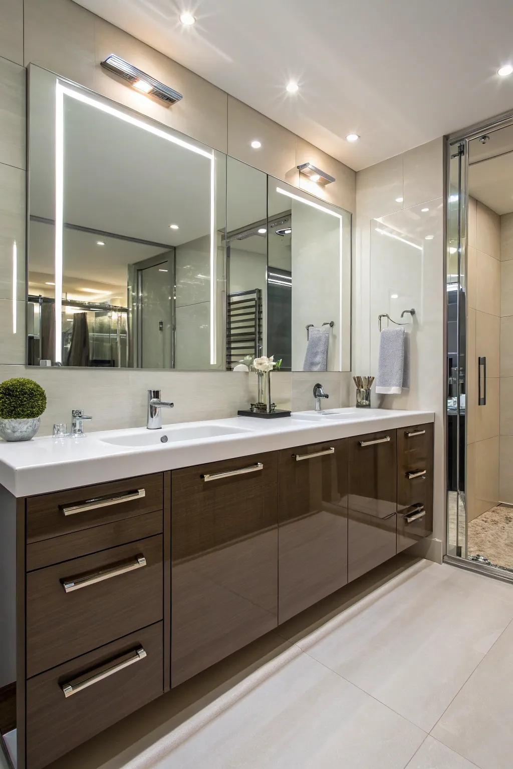 High-sheen finishes infuse a lavish accent into contemporary restroom storage units.