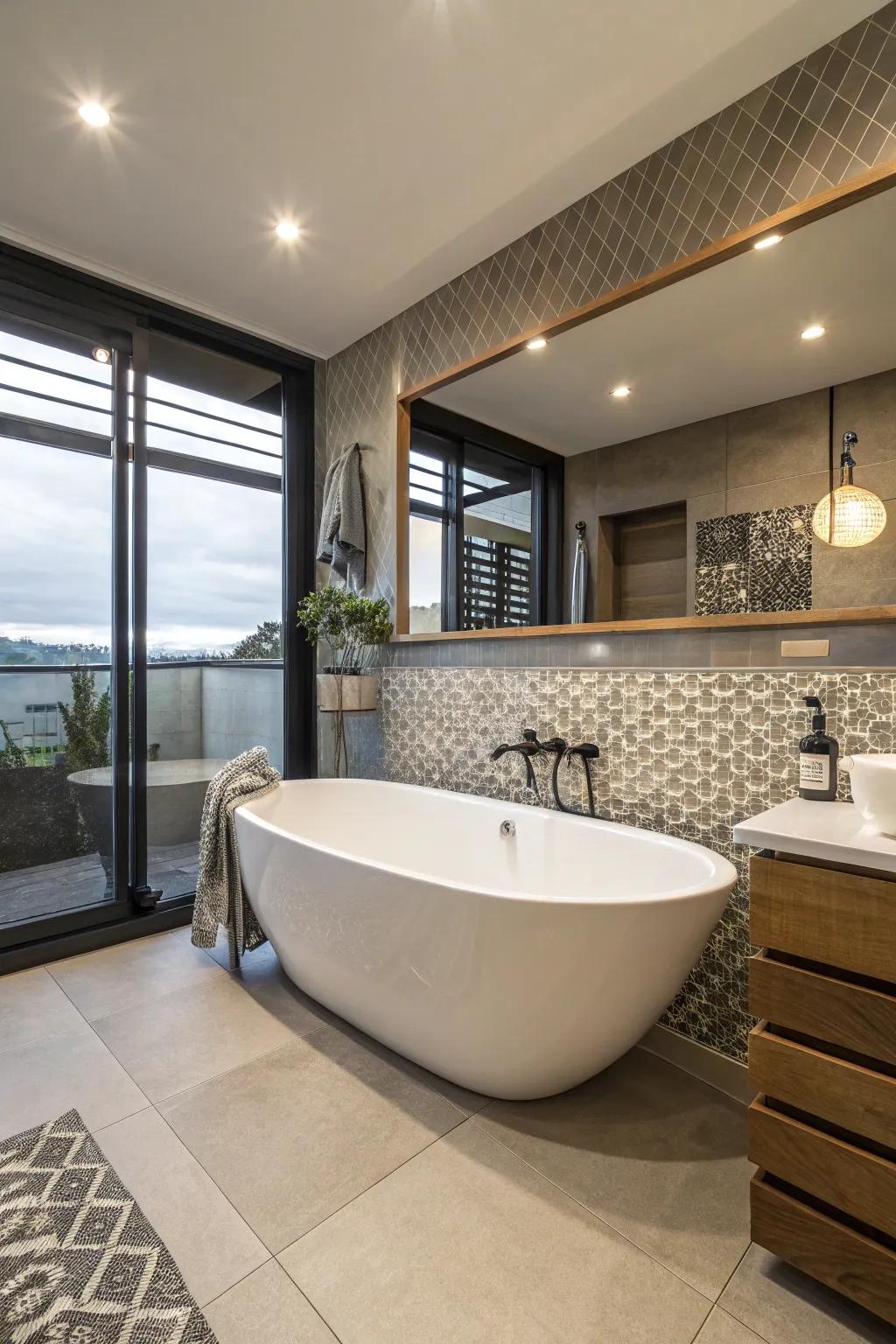 A uniquely formed tub injects a surprising twist into this bathroom.