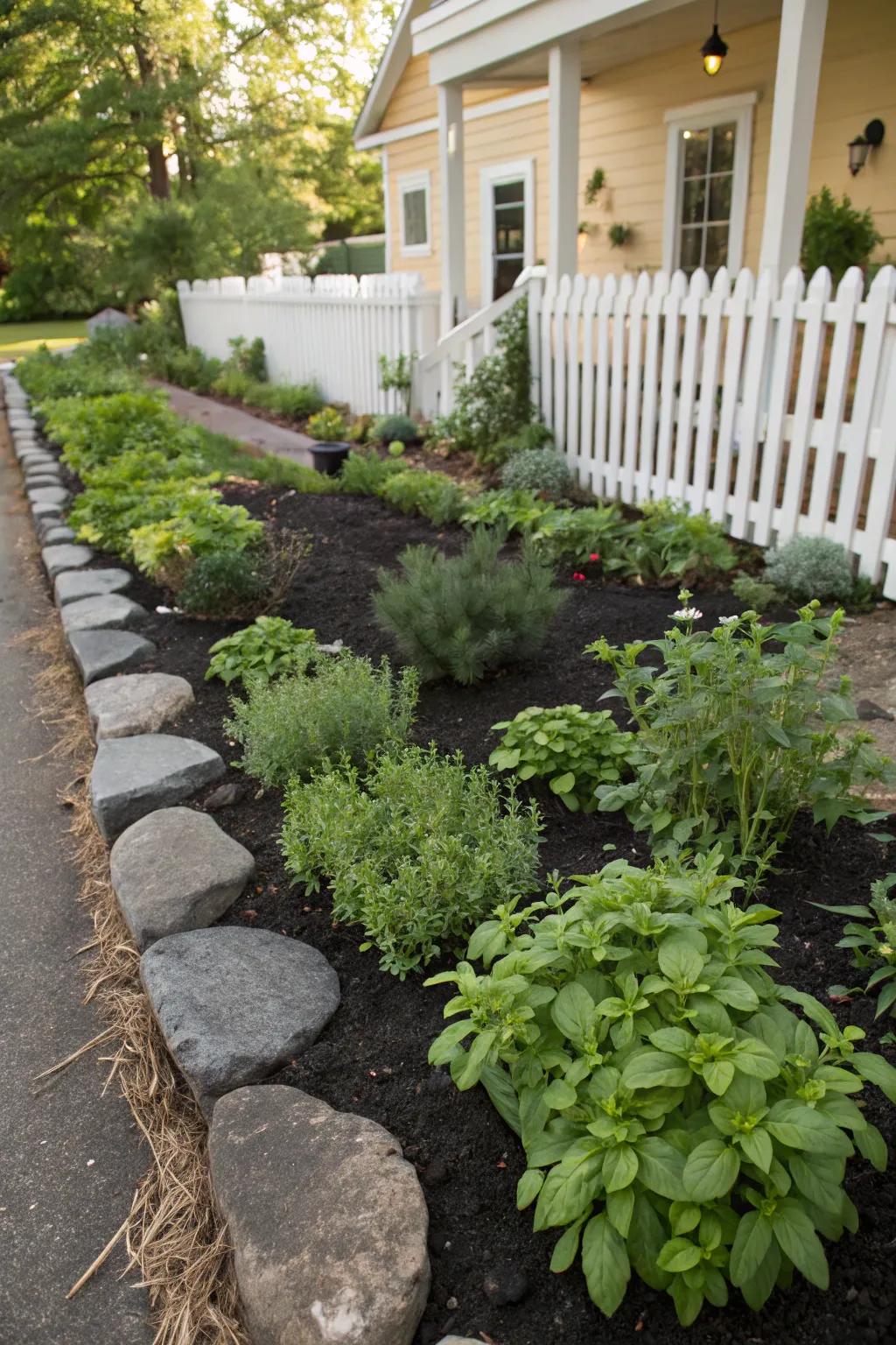 A modern herb garden bordered with black rocks.