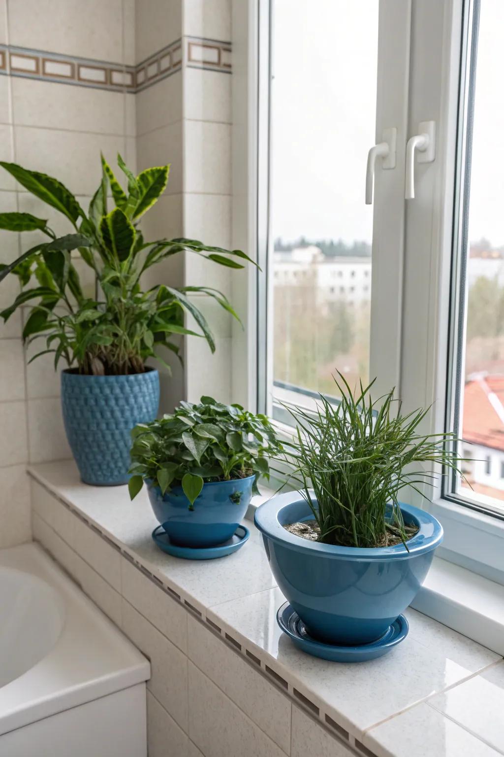 Azure foliage vessels inject a novel and lively sensation into this vibrant bathroom.