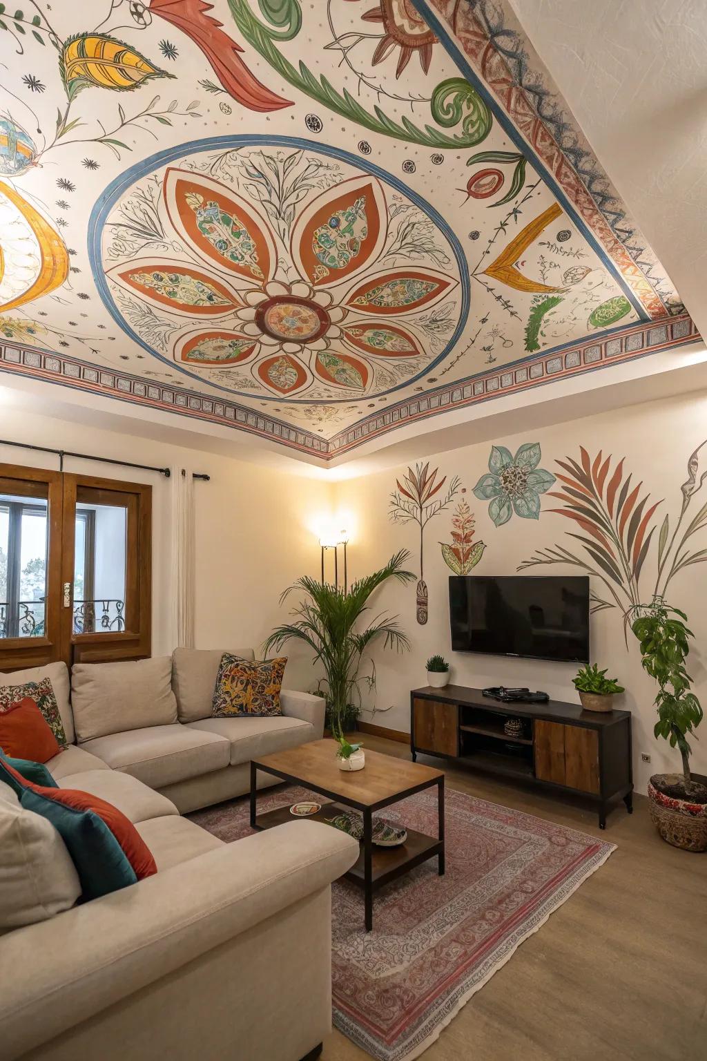 Artistic wall paintings transform ceilings into mediums.