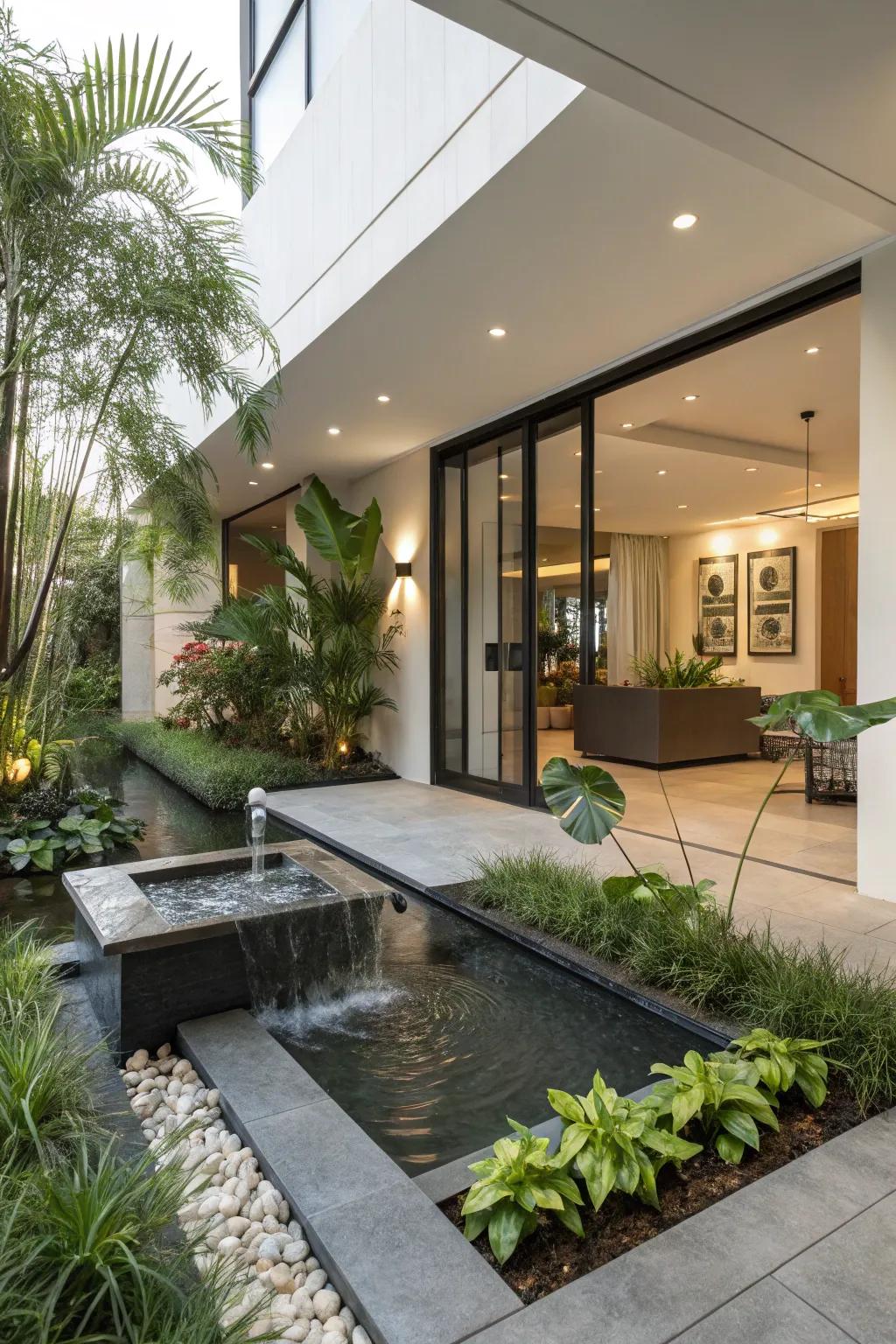 Water features enhance the sensory experience at the entryway.