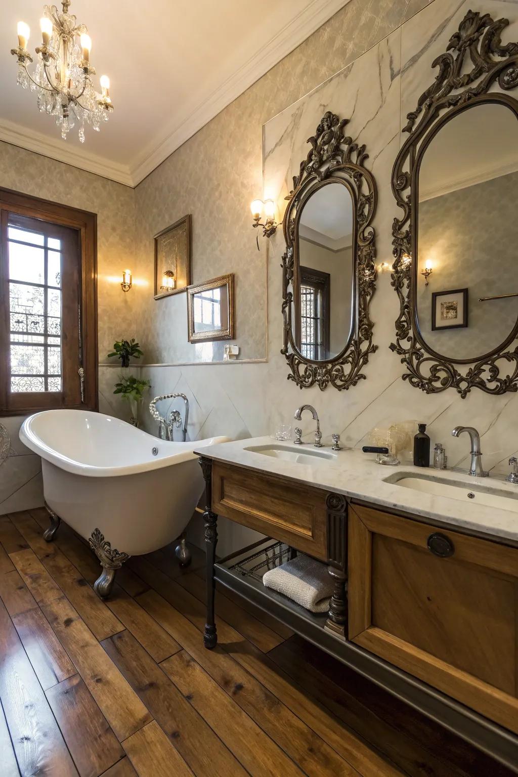 Antique decor adds tailored past experiences to this farmhouse lavatory.