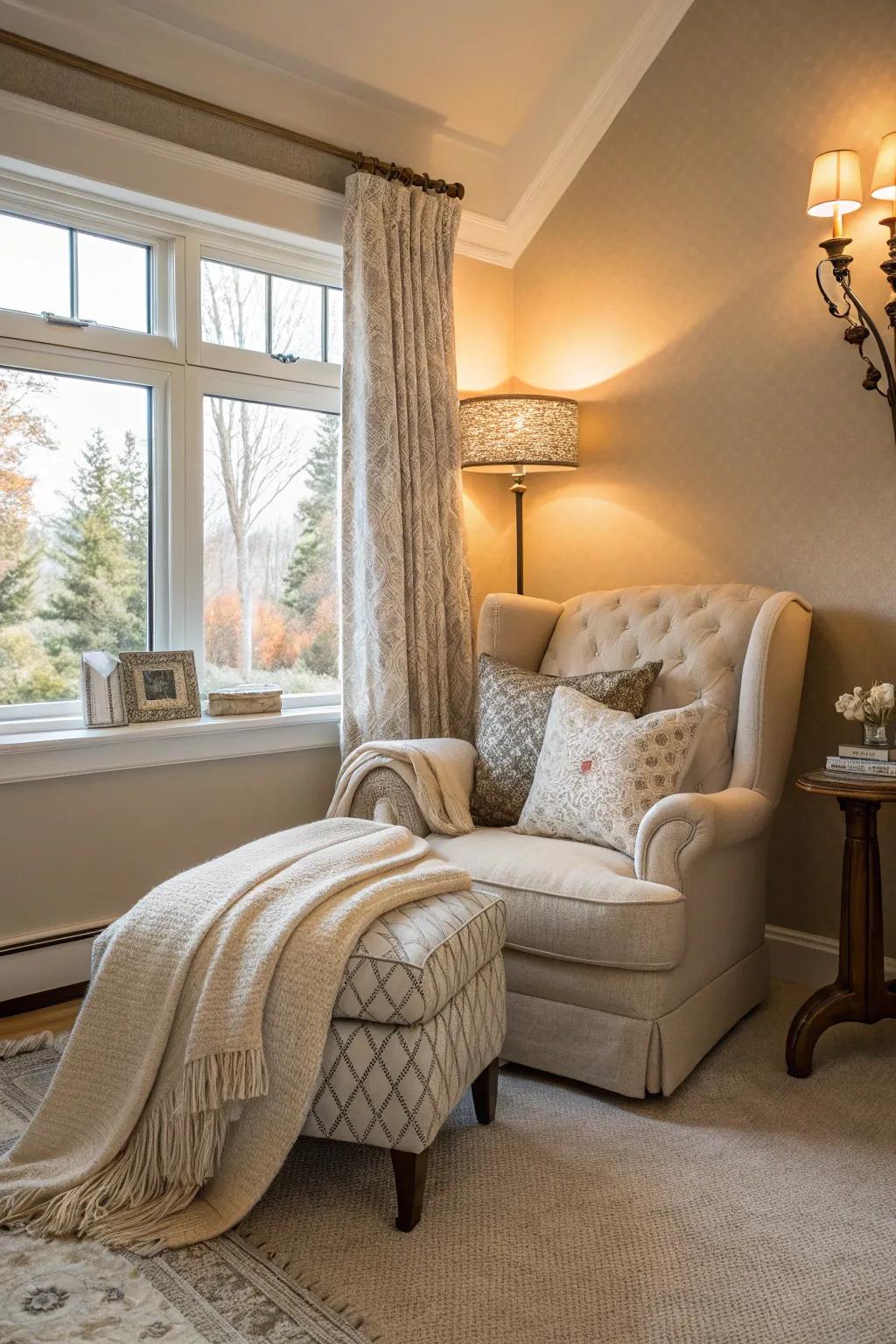 A reading corner provides a personal escape and adds to the room’s charm.