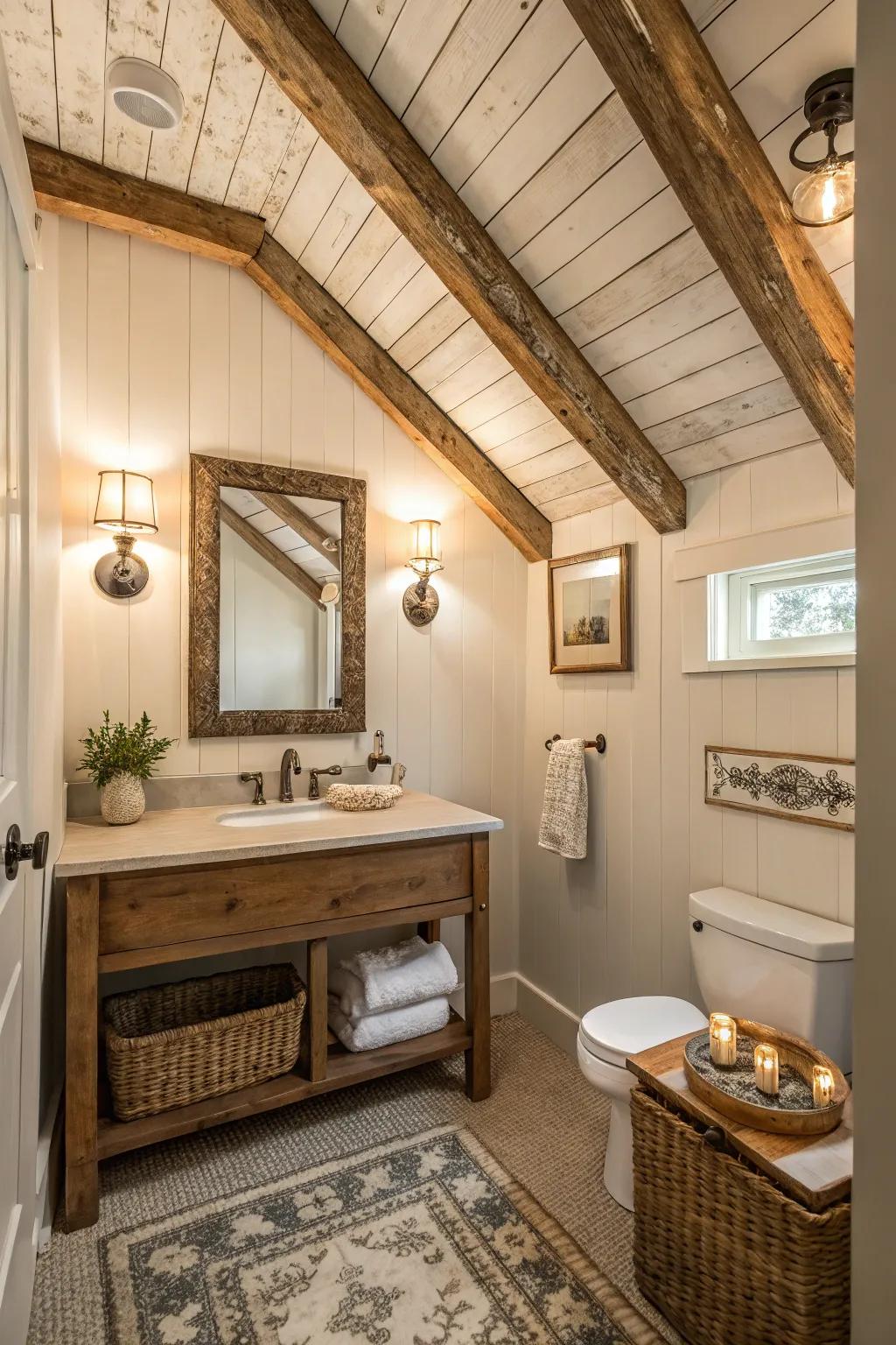 Shiplap ceiling with rustic beams in a powder room.