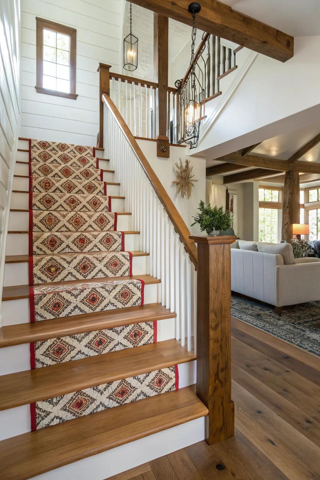 A staircase with a patterned runner, introducing comfort and visual interest.