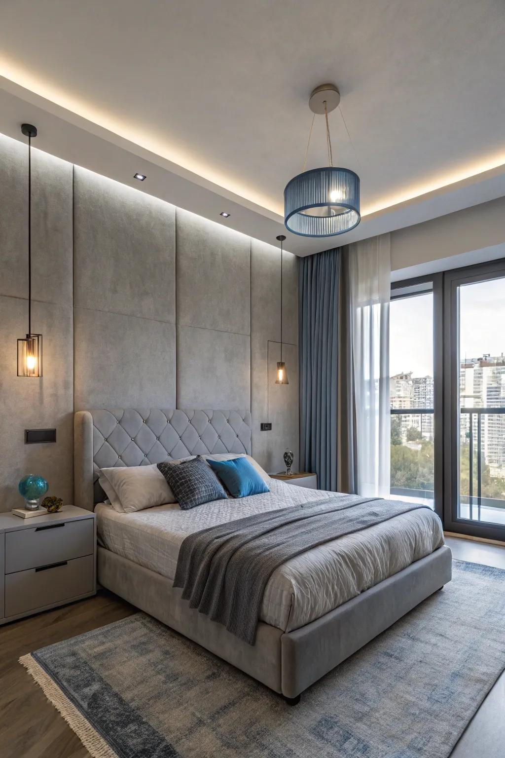 Modern lighting in pewter or azure elevates your bedroom&rsquo;s aesthetic.