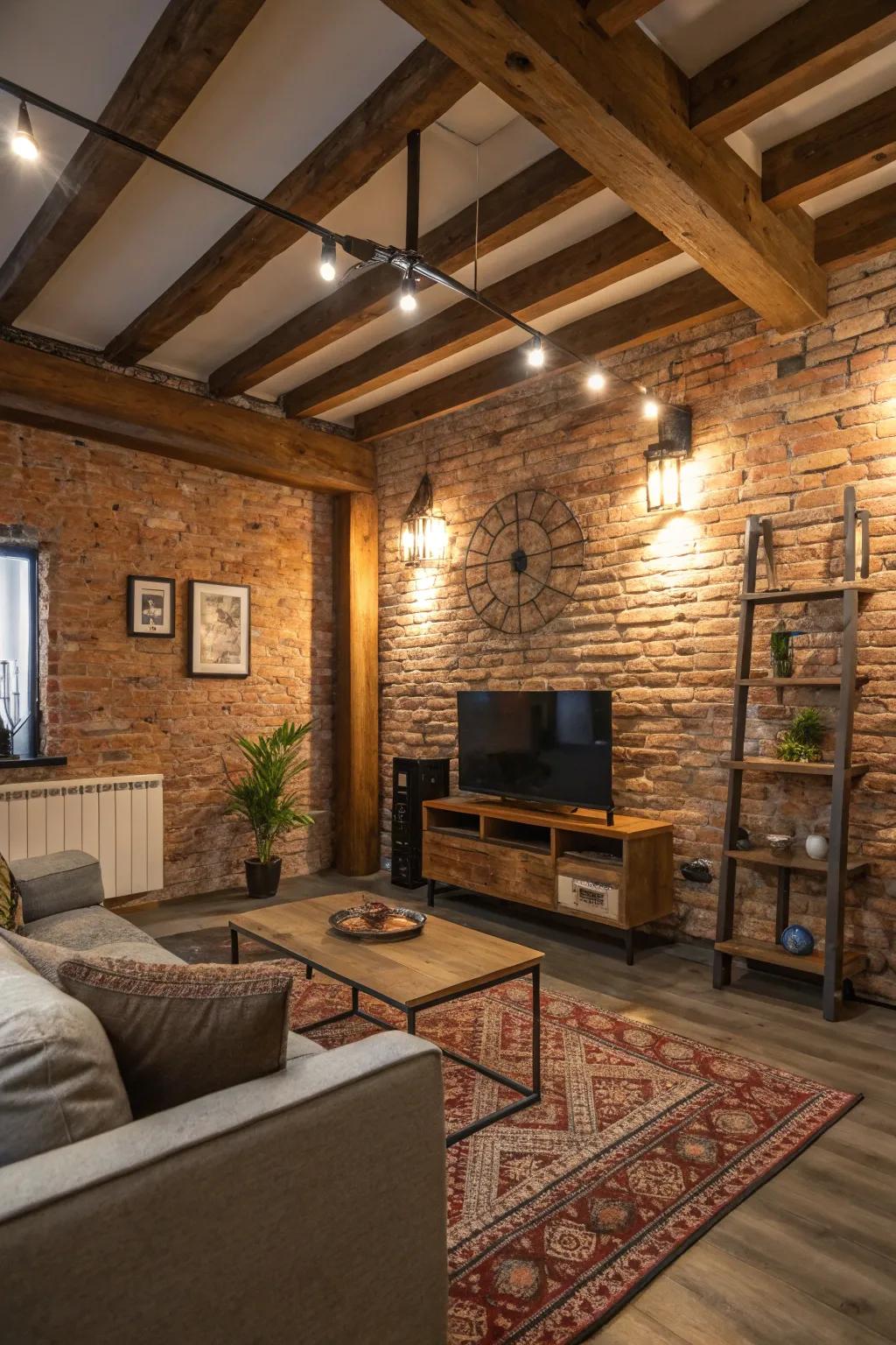A countryside brick impression introduces texture and charm to the modern living space.