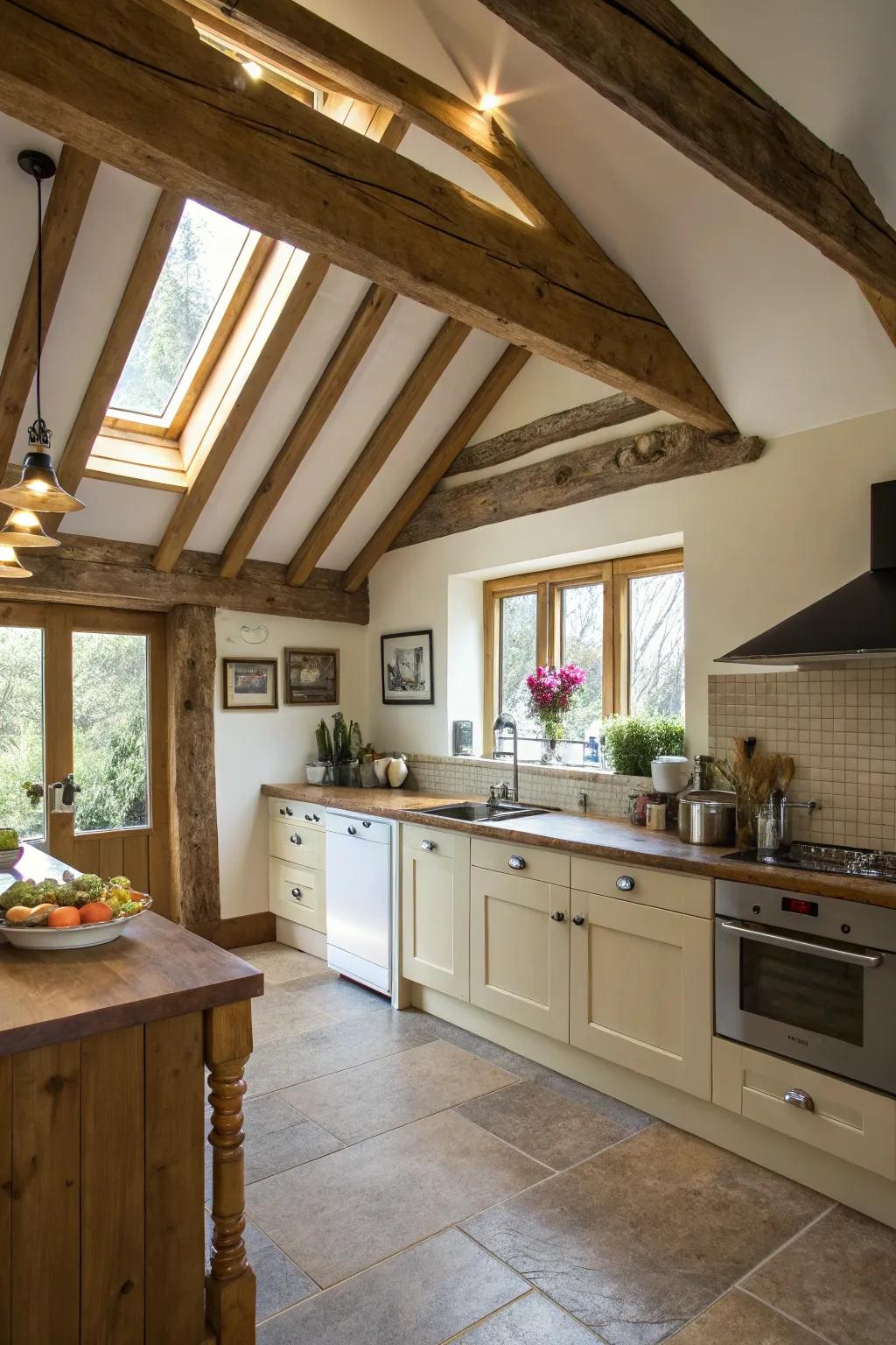 Sloped ceilings introduce architectural interest and amplify cabin aesthetics.