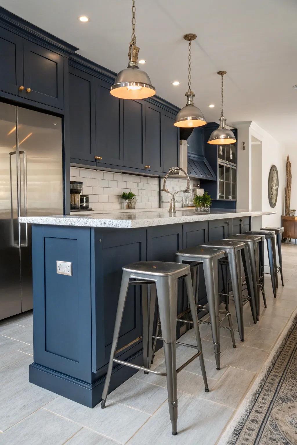 Factory-inspired elements enhance the contemporary edge of deep sea cooking area designs.