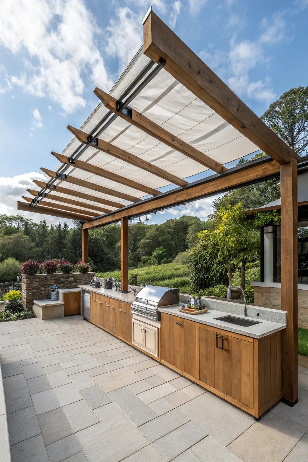 Pergola featuring a retractable roof for adaptable shade.