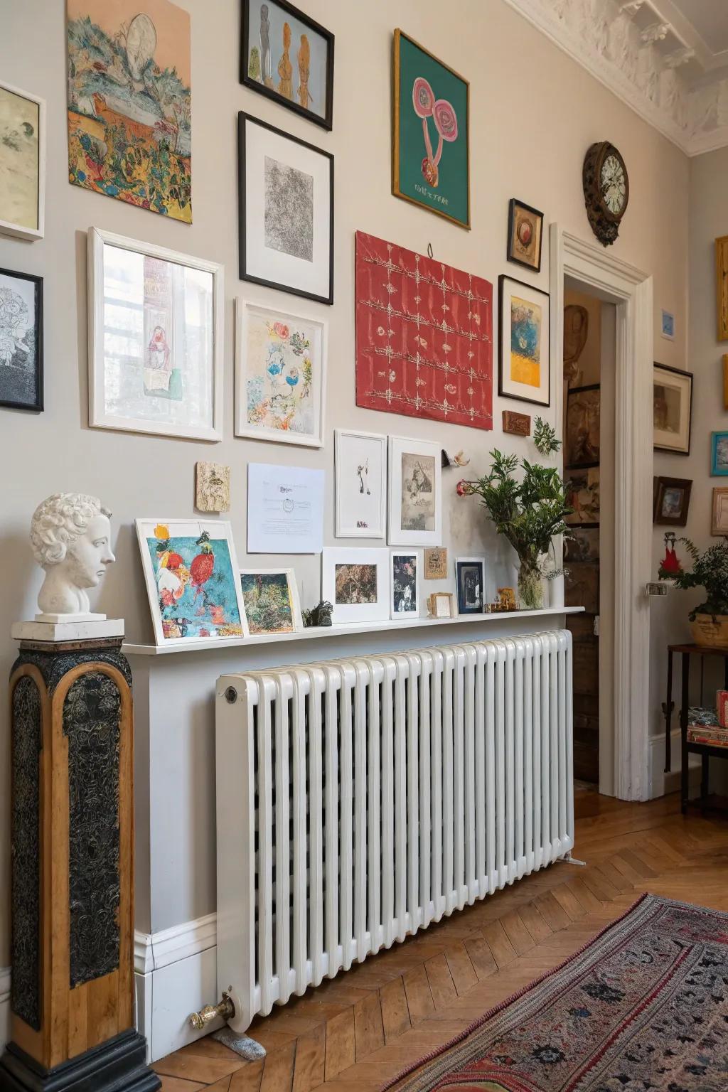 A radiator shield that has changing magnetic art panels.
