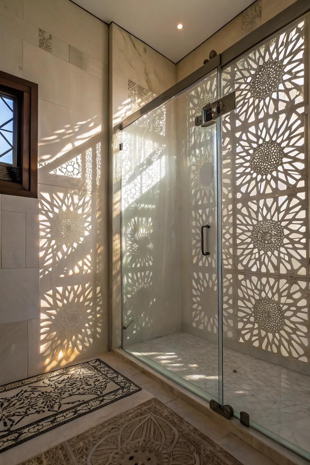 A shower space where textured glass creates stunning interactions of light and shadow.