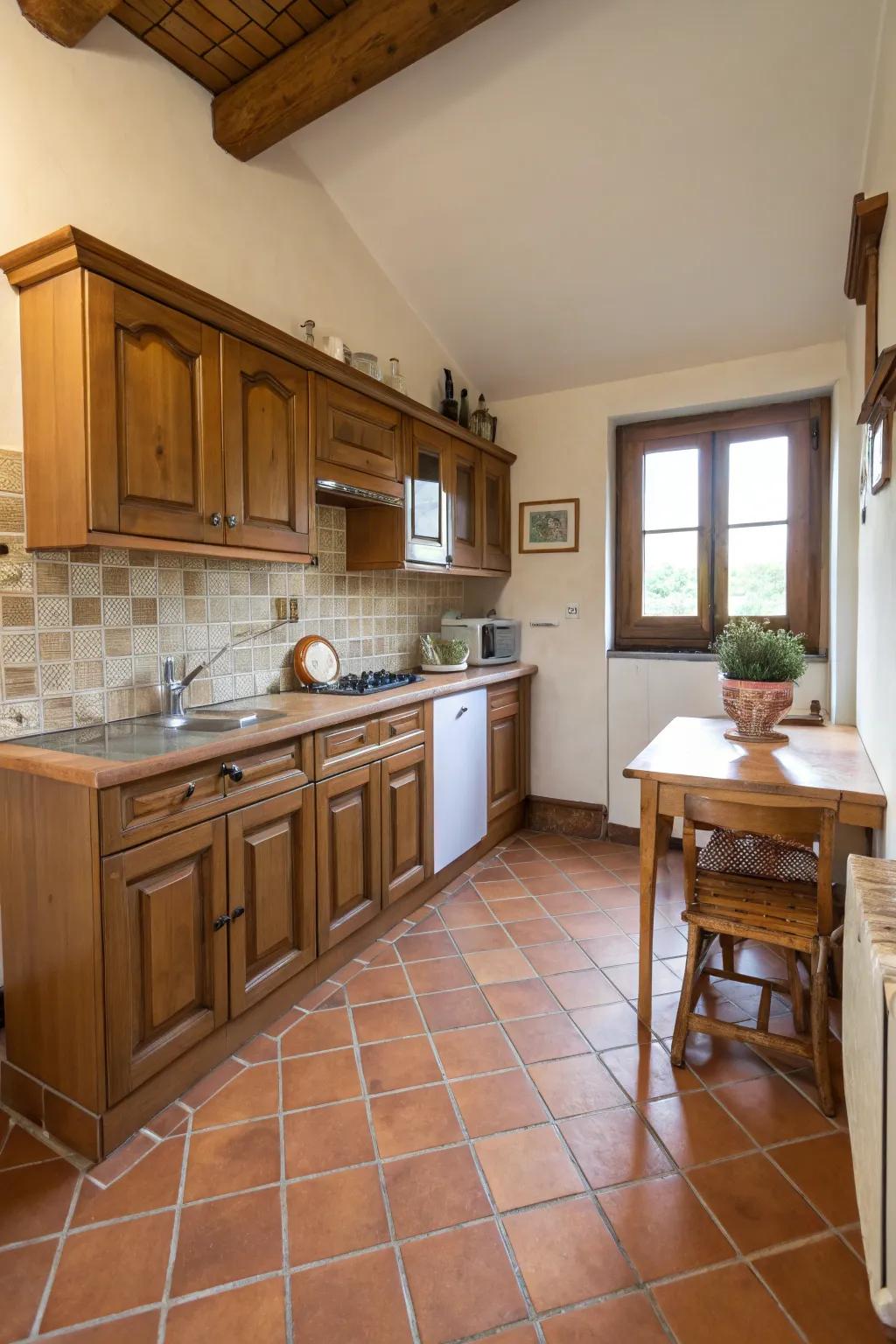 Terracotta tiles bringing rustic charm to a small kitchen
