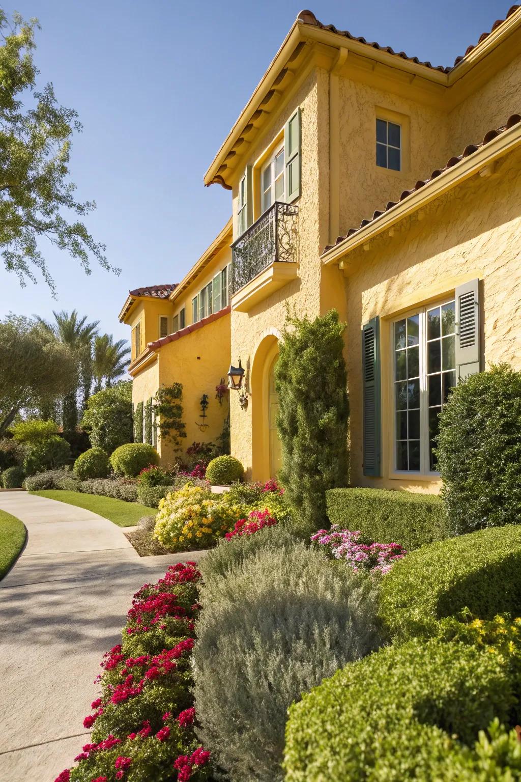 Stucco house showcasing radiant gold accents.