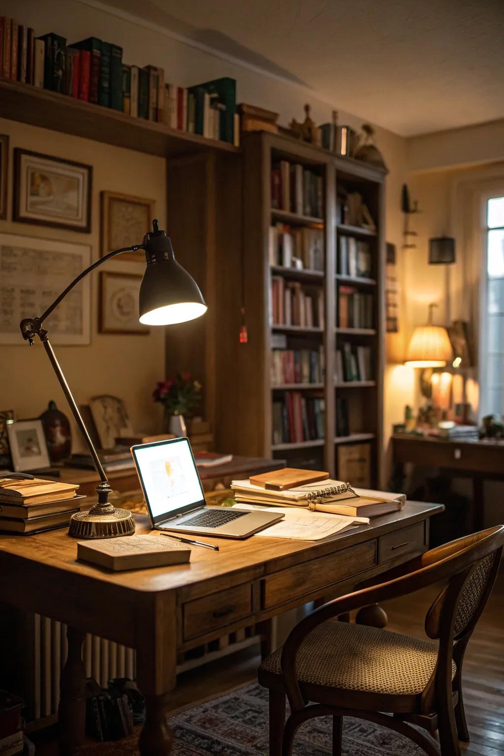 A study room featuring layered illumination for a cozy ambiance.