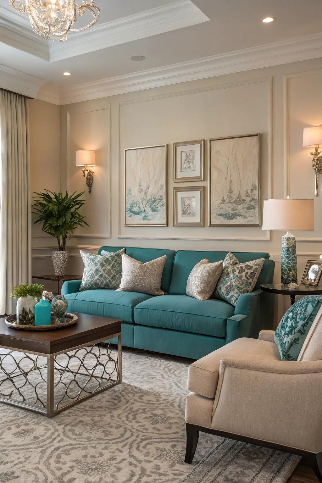 Teal and warm taupe blend for understated elegance and balance.