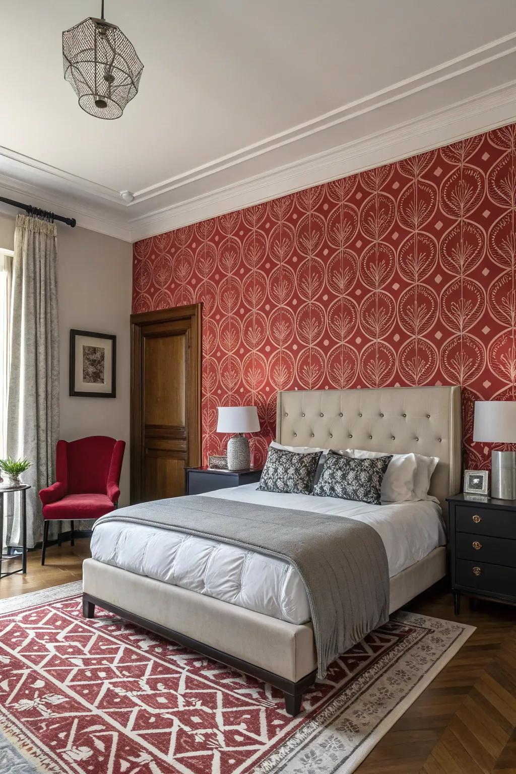 A focal wall anchors the room and highlights the bed.