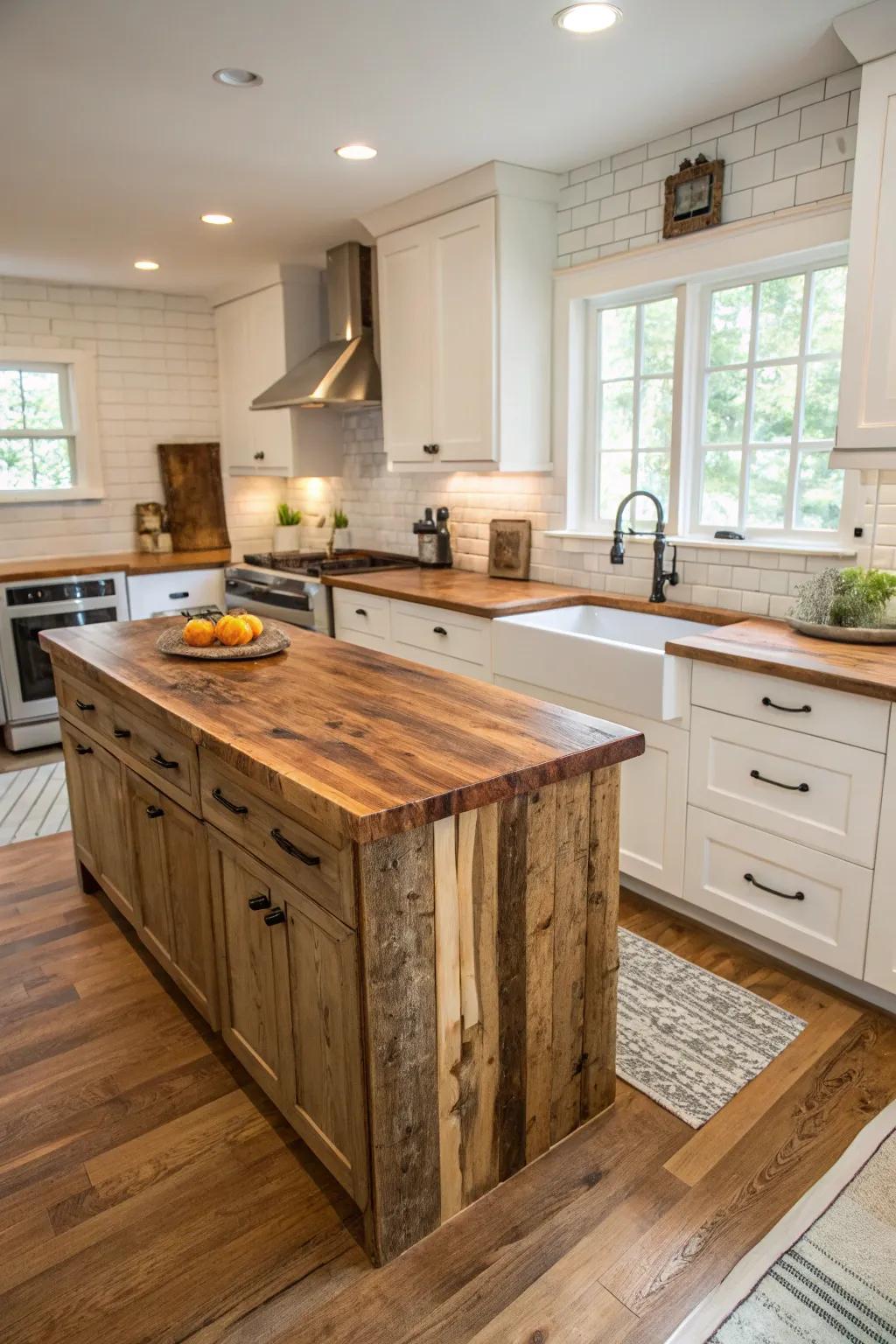Upcycled wood adds warmth and history to the kitchen.