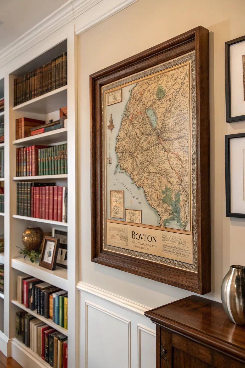 A vintage map of Boston adding history to a study.