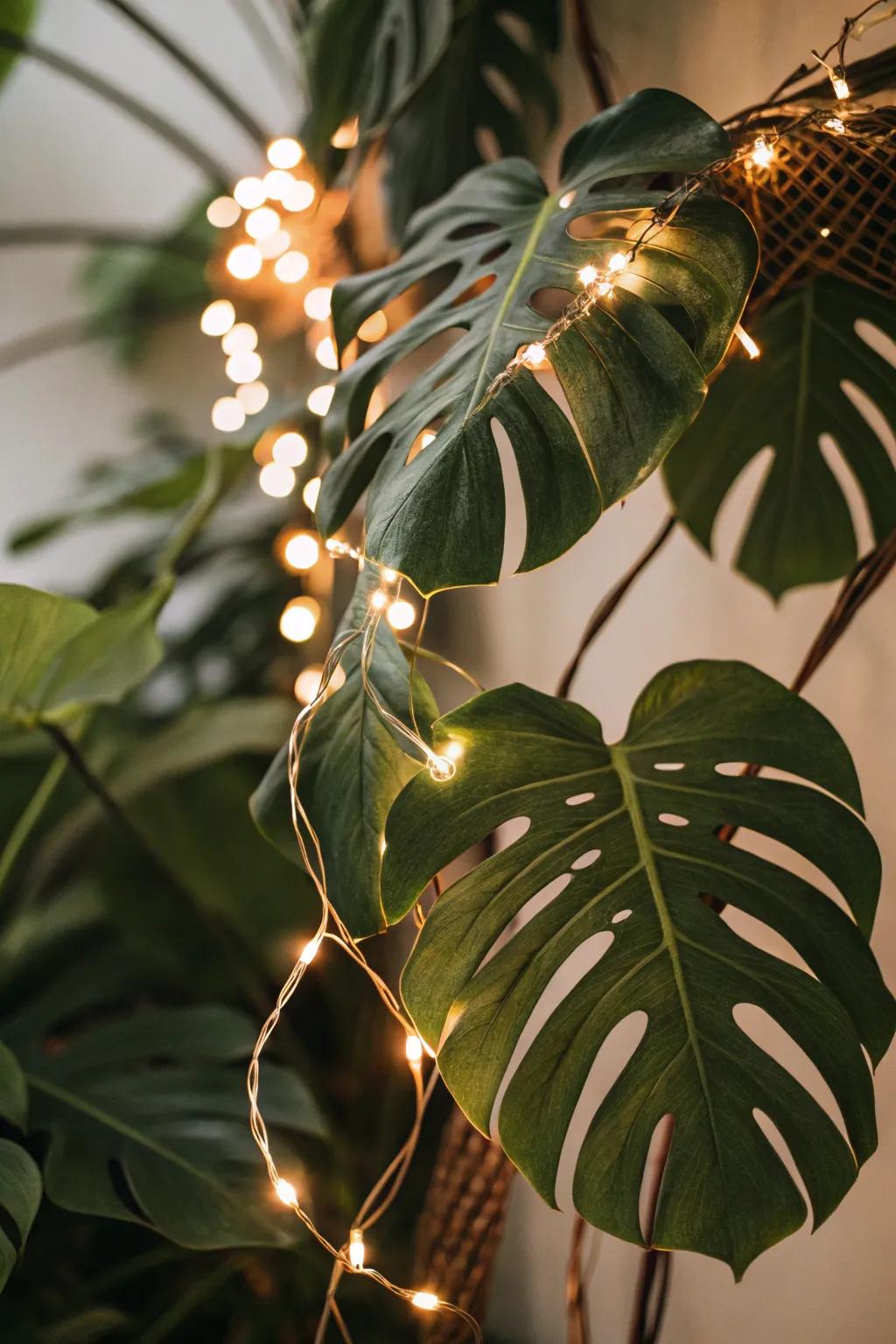 A magical glow with lights wound around split-leaf philodendron fronds.