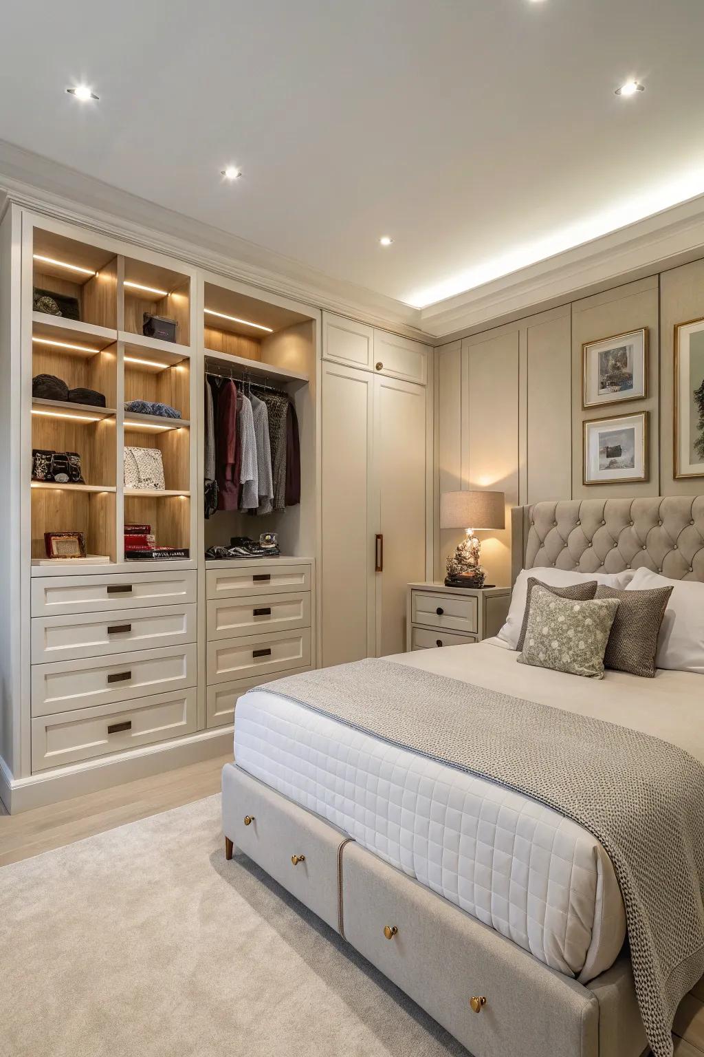 A luxury bedroom showcasing clever hidden storage solutions.