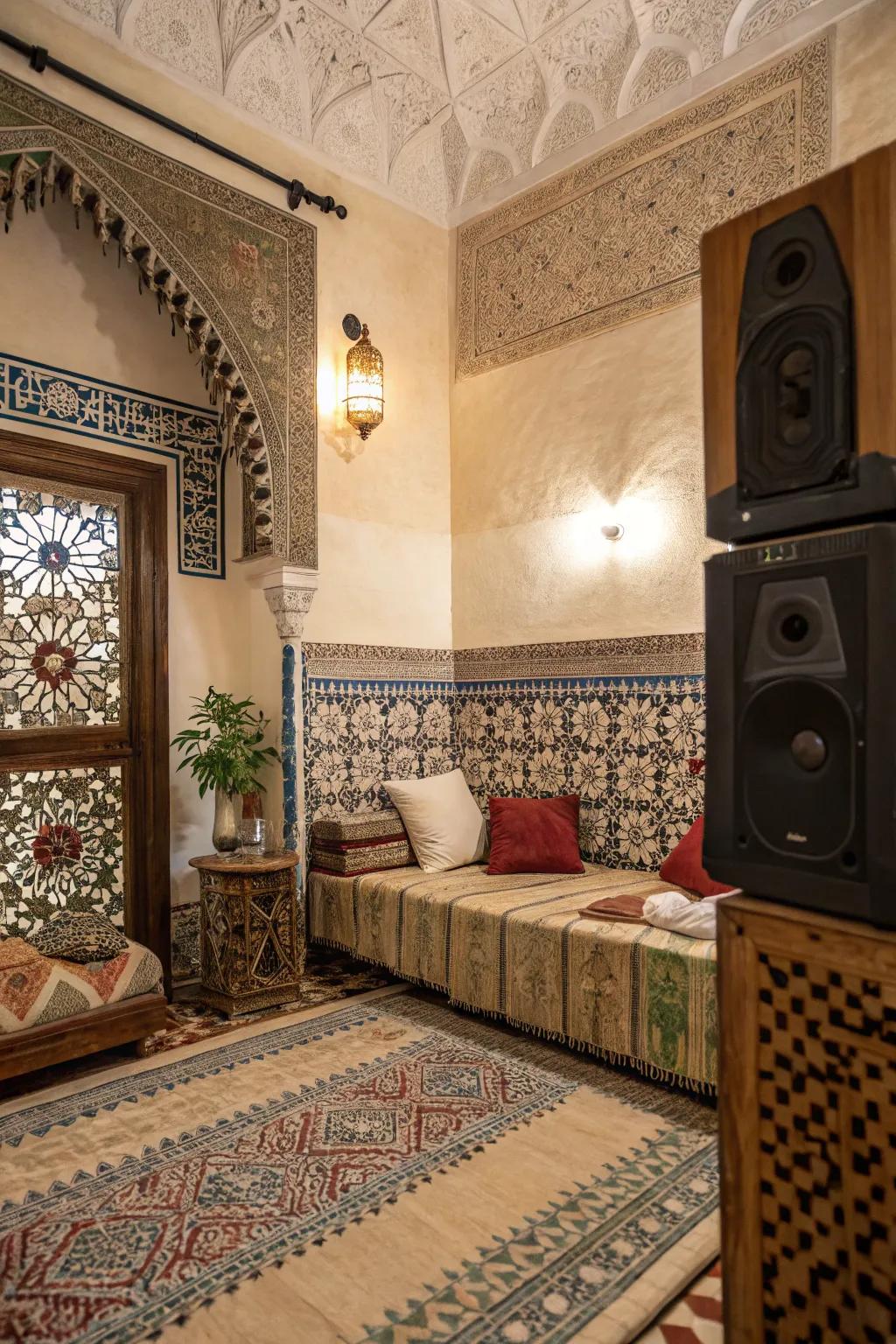 Ambient melodies complete the tranquil experience in Marrakech spaces.